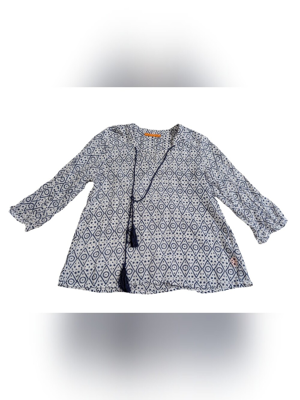 Oliphant Tassel Women's Blouse 100% Cotton Geometric  Pattern Sz Small Blue